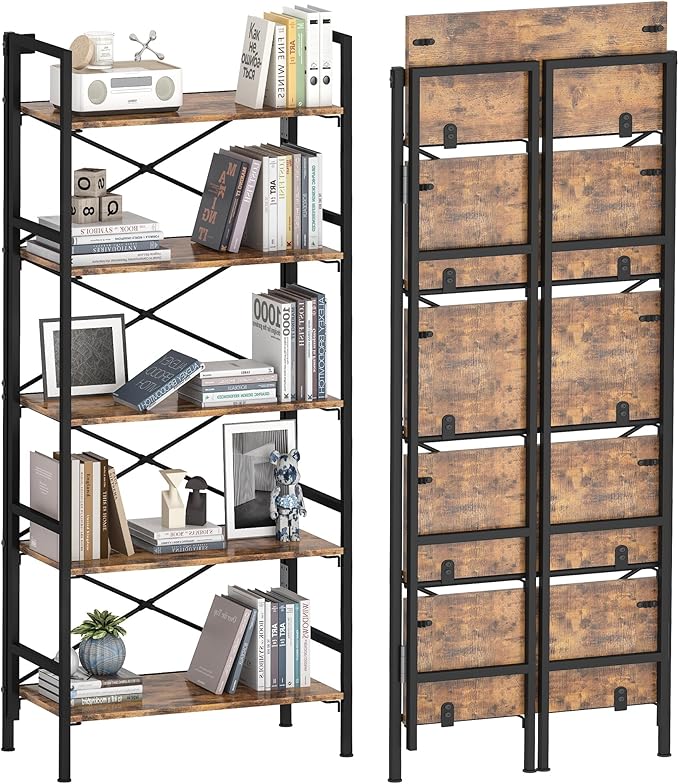 Folding Bookshelf,5 Tier Bookcase Foldable Shelf with X-Bracket Design, Adjustable Feet, Space Saving Storage for Living Room, Office, Rustic Brown