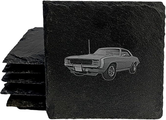 1969 Chevy Camaro RS/SS: Laser-Etched Coasters for Muscle Car Fans - Square Slate - Set of 6