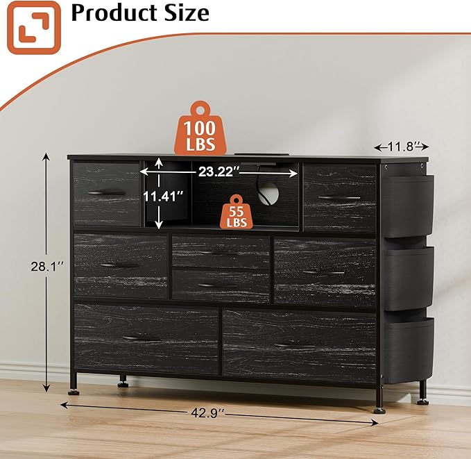 Dresser for Bedroom with 8 Drawers, Dresser TV Stand with LED Lights and Power Outlets, Fabric Chest of Drawers with Side Pocket for Living Room, Entryway, Bedroom Furniture (Black Wood Grain)