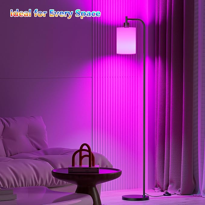 RGB Floor Lamp with Linen Shade, Dimmable Tall Standing Lamp with Remote Control, Color Changing Floor Lamps for Living Room Bedroom Gaming Room, 9W RGB Bulb Included