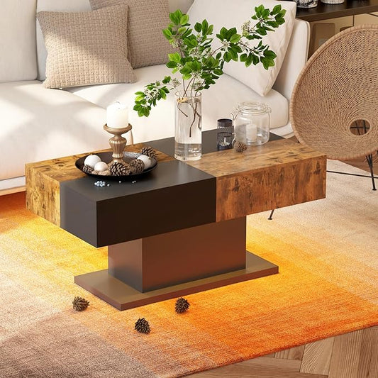 Led Coffee Table for Living Room, Living Room Table Rectangular Center Table, Modern Wooden Coffee Tables with 16 Colors LED Lights for Dining Reception Room