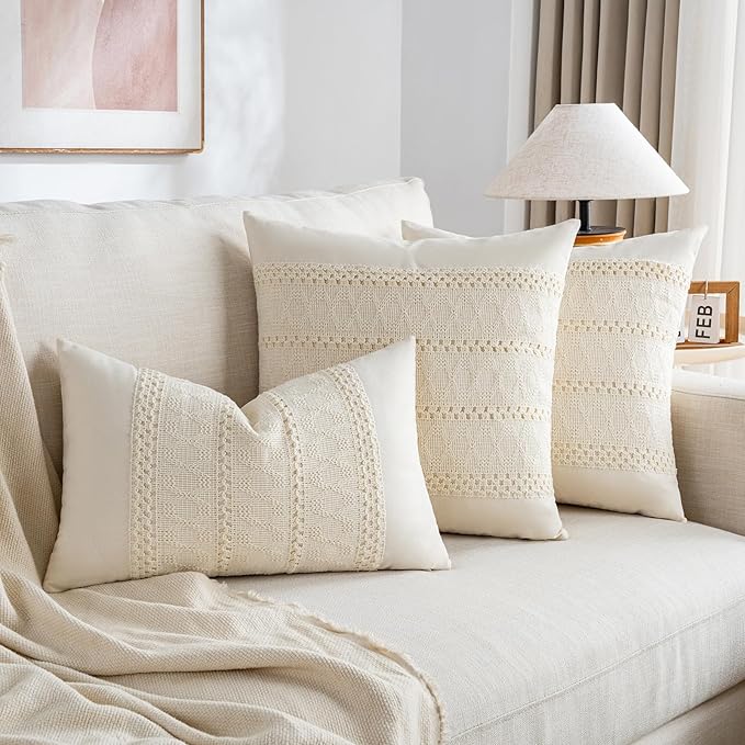 Fancy Homi Set of 2 Boho Cream Lumbar Decorative Throw Pillow Cover 12x20 Inch for Couch Bed Sofa Chair, Modern Organic Farmhouse Home Decor, Soft Cotton Cute Accent Rectangle Cushion Case