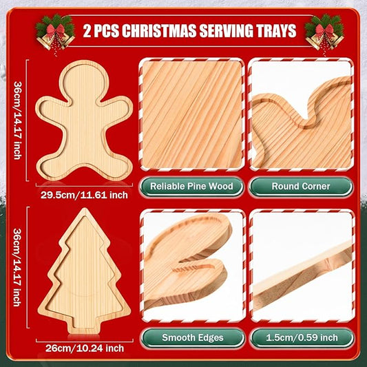 FOBSME 2 Pcs Christmas Wooden Serving Platters Christmas Tree and Gingerbread Man Charcuterie Boards Decorative Wood Trays Christmas Wood Snack Dish Plates for Xmas Holiday Housewarming Present