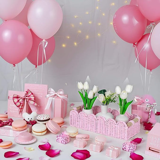 CubesLand Paper Rope Scalloped Edge Gift Basket Empty, Small Living Room,Bedroom Decor Baskets, Pink Woven Toilet Paper Storage Basket, with 2 Wooden Handle, Rectangular