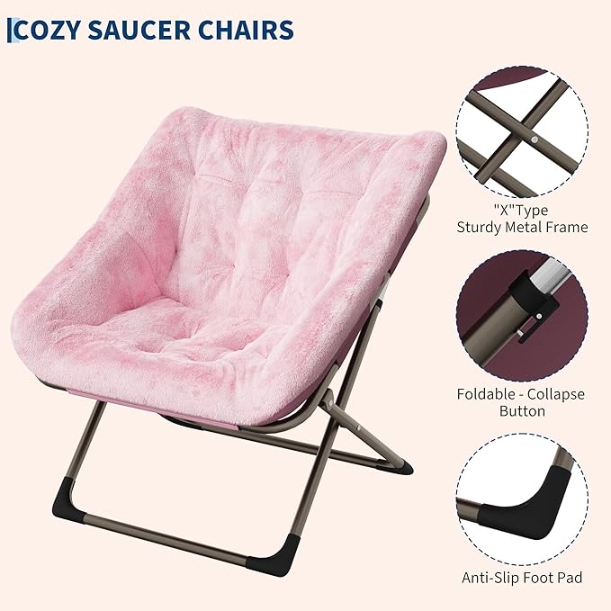Folding Saucer Chair for Adults, Comfortable Living Room Lounge Chair with Soft Faux Fur Cushion, No Assembly Required, Foldable Accent Furniture for Apartments/Dorms/Bedrooms, Pink