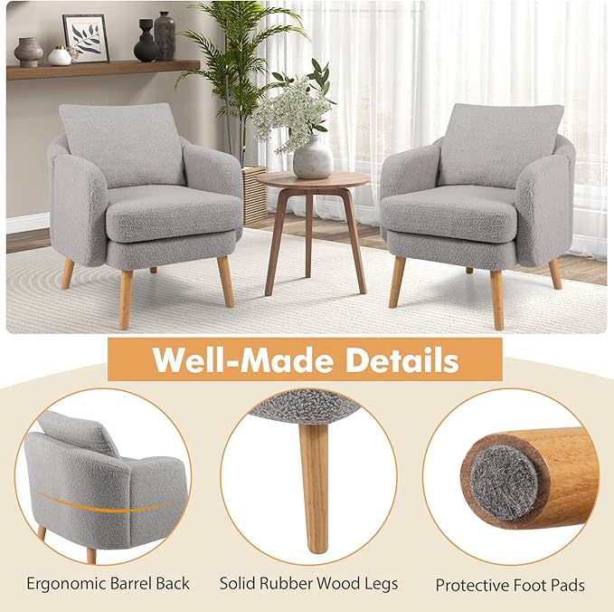 Giantex Sherpa Accent Chair Set of 2, Modern Upholstered Single Sofa Chair with Back Pillow & Solid Rubber Wood Legs, Teddy Barrel Arm Chair for Reading, Living Room, Bedroom, Office, Grey