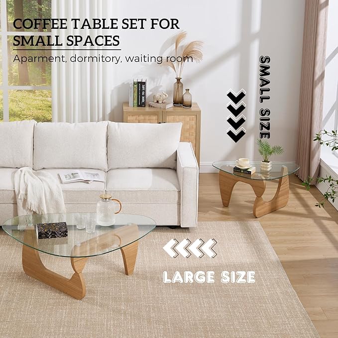 Small Glass Coffee Table, 32.5" Triangle Center Table with Wood Base Abstract Contemporary Coffee Table for Living Room Office Patio, Natural