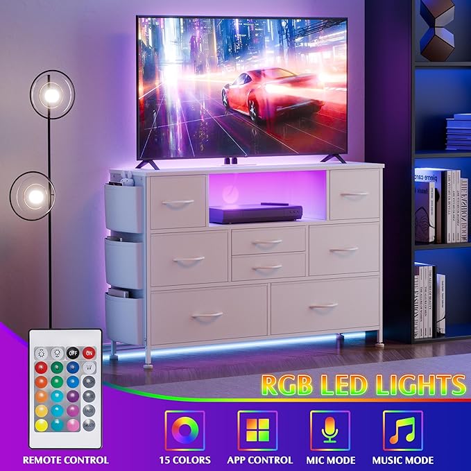 Dresser for Bedroom with 8 Drawers, Dresser TV Stand with LED Lights, Fabric Chest of Drawers with Side Pocket for Living Room, Entryway, Bedroom Furniture (White)