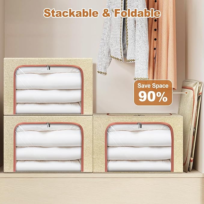 3 Pack Foldable Storage Bins with Metal Frame, Large Capacity Stackable Clothes Organizer with Clear Window & Carry Handles, Linen Fabric Storage Boxes for Closet (Beige, 3PCS-Large-66L)