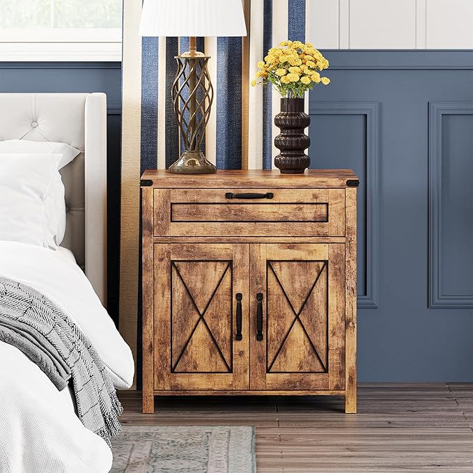 Maupvit End Table, Farmhouse End Table Narrow Side Table for Living Room, Sofa Side Table with Drawer and Storage Cabinet, Small Nightstand for Bedroom (Retro-Fire 2)