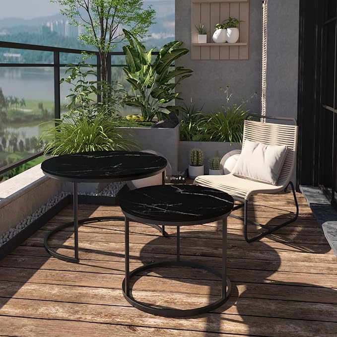 Nesting Coffee Table Set of 2, 27.56" Round Coffee Table Marble Pattern Top with Sturdy Metal Frame, Side Tables for Living Room, Bedroom, Outdoor Balcony Yard (Black)