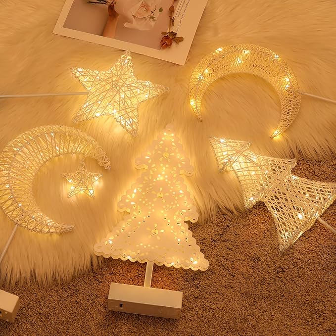 Lewondr Decorative Table Lamp, Christmas Moon Star Ramadan Desk Lamp Battery Powered Warm LED Crescent Light for Xmas Home Bedroom Bedside Desktop Nightstand Decoration, White