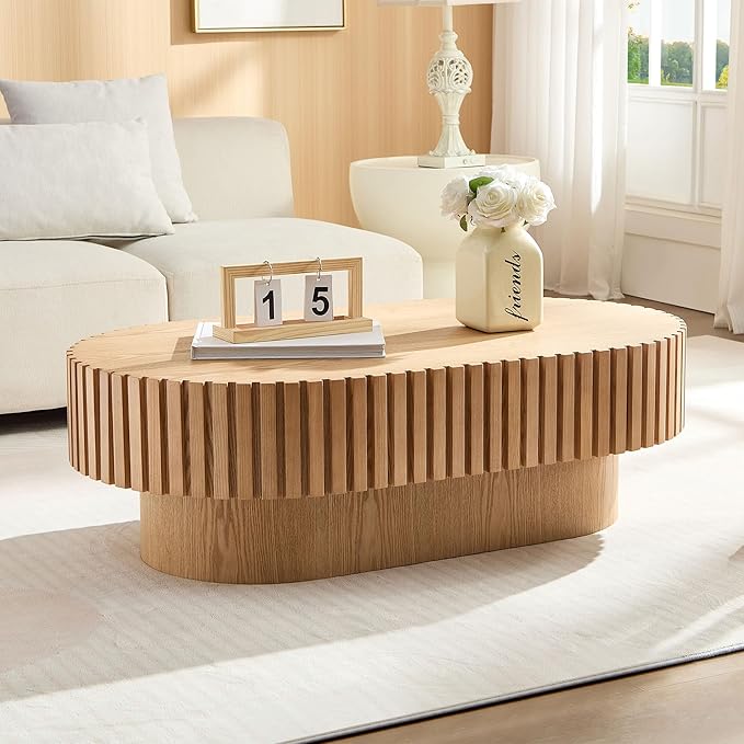 43.7'' Round Coffee Table for Living Room, Oval Coffee Table Modern Handcraft Drum Coffee Table Center Table Wood Small Coffee Table Side Table End Table with Sturdy Pedestal for Apartment,Natural Ash