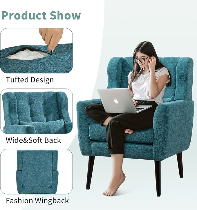 Modern Accent Chair, Upholstered Arm Chair with Waist Pillow, Single Sofa Chair for Living Room Bedroom Small Spaces (Teal)