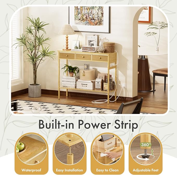 Entryway Table Sofa Console Table, Bamboo Small Entry Way Table with Drawers Storage and Power Outlets for Living Room, Hallway, Foyer, Entrance