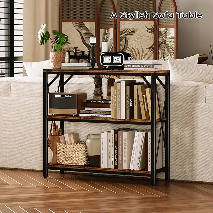 Homeiju Console Table 31.5" Width, 3-Tier Entryway Table with Storage, Industrial Sofa Table with Open Shelves, Foyer Tables for Entryway, Hallway, Kitchen, Living Room and Bedroom, Rustic Brown