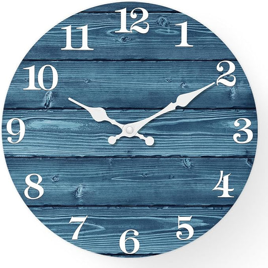 XFM Blue Wall Clock 16 Inch Silent Wood Wall Clocks Battery Operated Country Retro Farmhouse Wall Clock Decorative for Kitchen Living Room Bedroom