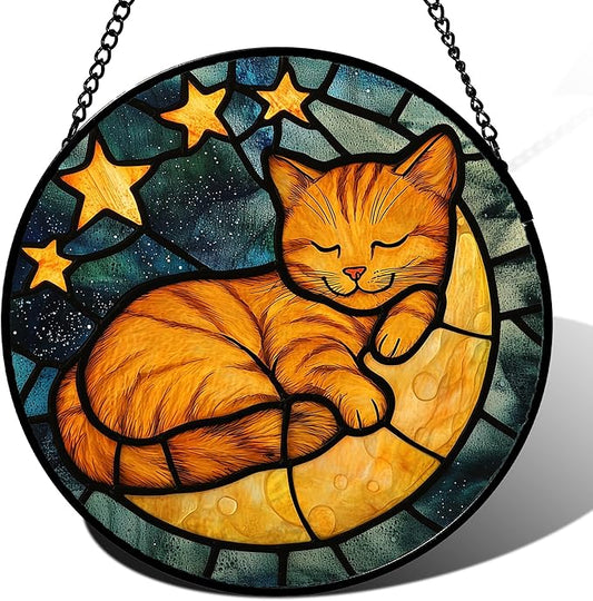Stained Glass Window Hanging - Orange Cat Sun Catcher for Door Home Decor Stars and Moon Suncatcher Christmas Mother's Day Birthday Loss of a Pet Gifts for Women Men Mom Nana 15 in