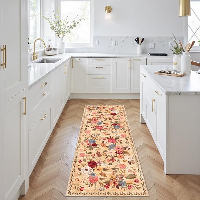 Rug for Hallways Kitchen Rug 2x6, Non Slip Washable Rugs with Rubber Backing Soft Floral Carpet Runner for Hallways, Kitchen, Laundry, Bedroom, Bathroom (2 x 6, Yellow Lawn)