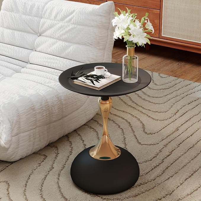 Metal Round End Table,Modern Pedestal Table,Corner Drink Tables,Accent Side Table Nightstand for Living Room,Patio and bar (Matte Black)
