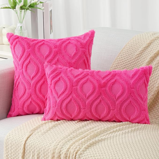 decorUhome Throw Pillow Covers 22x22 Inch Set of 2, Soft Plush Faux Wool Hot Pink Solid Couch Pillow Covers, Accent Farmhouse Neutral Square Pillow Cases for Sofa Bed Living Room