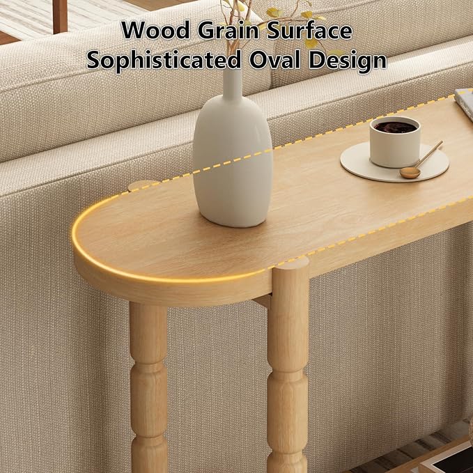 Farmhouse Entryway Table with Storage-43.4" Narrow Console Table with Solid Wood Legs, 2 Tiers Rounded Corners Sofa Tables for Living Room，Hallway, Entrance, Foyer, Natural