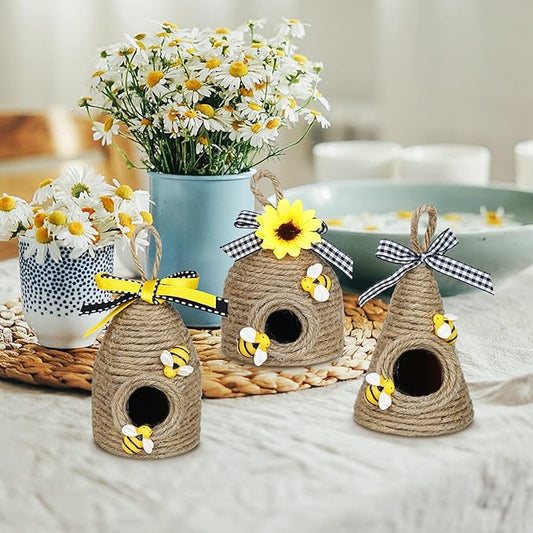 Rustic Bumble Bee Hive Decor - 3 Pack Natural Bee House, Spring/Summer Farmhouse Kitchen Table Tiered Tray Decor