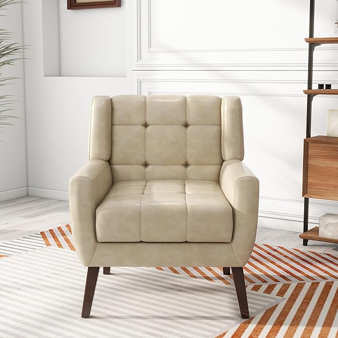 Pia Ricco 2 Pack Mid Century Modern Accent Chairs, Button Tufted Faux Leather Armchairs - Easy-Clean Matching Set for Living Room, Durable Sofa Chairs for Home Office & Lounge, Cream