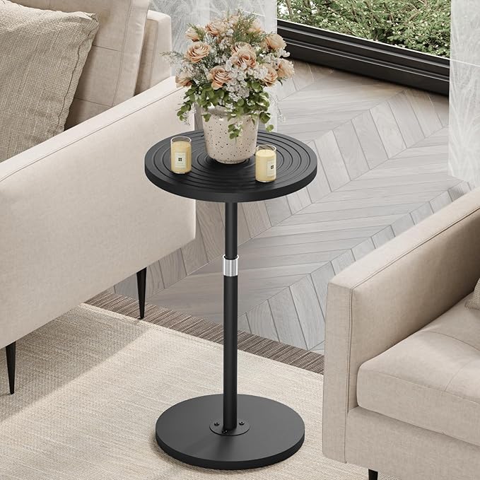 Round Side Table, Adjustable-Height Drink Table for Small Spaces, Pedestal Martini Table, Cocktail Tables Weighted Base for Living Room, Bedroom, Bathroom, Office, Black