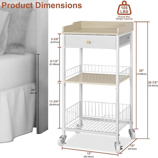 Small Side Table Stand with Storage Drawer, 4-Tier Narrow End Tables for Small Spaces, Skinny Nightstand for Living Room, Bedroom, Vanity Room, Office and Dorm Room, White&Natural