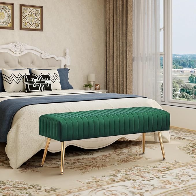 Furnimart 44 Inch Green Velvet Bench Ottoman Comfortable Footrest Stool Table Bench Dining Bench Tufting Bench Indoor Bench with Gold Legs for Living Room Bedroom Entryway (Velvet-Green)