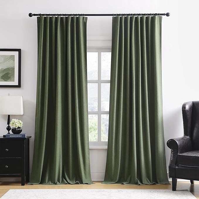 Long Blackout Curtains 108 Inch Long 2 Panels, Back Tab Pleated Look Drapes for Track System with Hooks, Noise Reducing Spring Blackout Winodw Curtains for Living Room 50x108-Loden/Olive Green