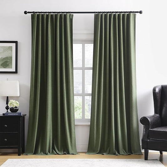 Long Blackout Curtains 108 Inch Long 2 Panels, Back Tab Pleated Look Drapes for Track System with Hooks, Noise Reducing Spring Blackout Winodw Curtains for Living Room 50x108-Loden/Olive Green