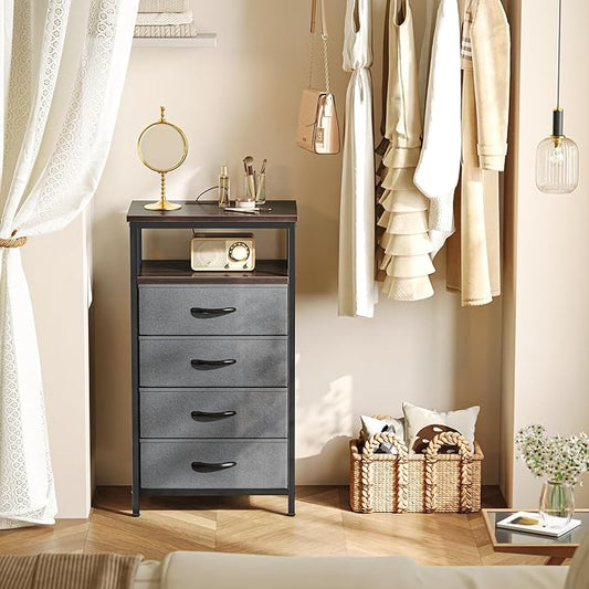 Huuger Night Stand with Charging Station, 4 Drawer Dresser for Bedroom, Bedside Table, 33.9 Inch Tall Nightstand with Open Shelf, End Table, for Closet, Entryway, Bedroom, Walnut