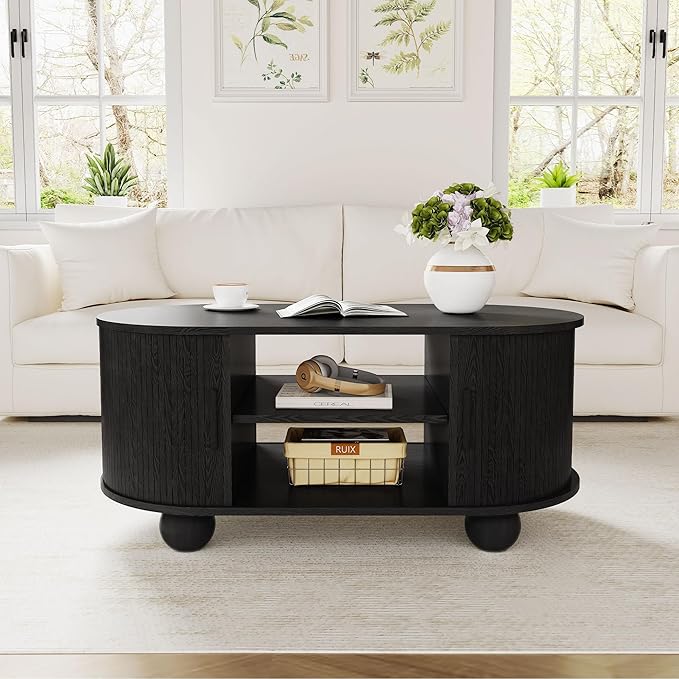 Rectangle Coffee Table, Fluted Coffee Tables for Living Room, Mid-Century Coffee Table Center Table with Storage & Sliding Doors for Apartment, Home Office (Black)