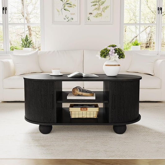 Rectangle Coffee Table, Fluted Coffee Tables for Living Room, Mid-Century Coffee Table Center Table with Storage & Sliding Doors for Apartment, Home Office (Black)