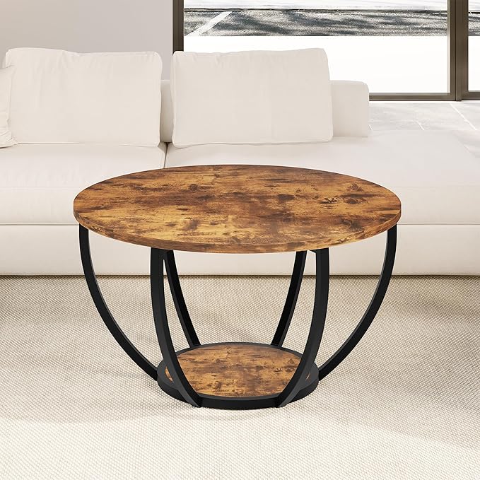 HOMERECOMMEND 28" Round Coffee Table with Storage,2-Tier Wood Accent Center Table for Living Room,Sofa Table for Home Office, Brown