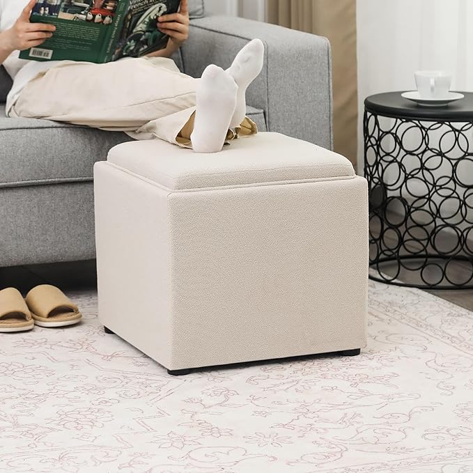 Adeco 17" Beige Square Storage Ottoman with Tray, Modern Cube Ottoman Coffee Table for Dorm, Bedroom (Beige with Tray)