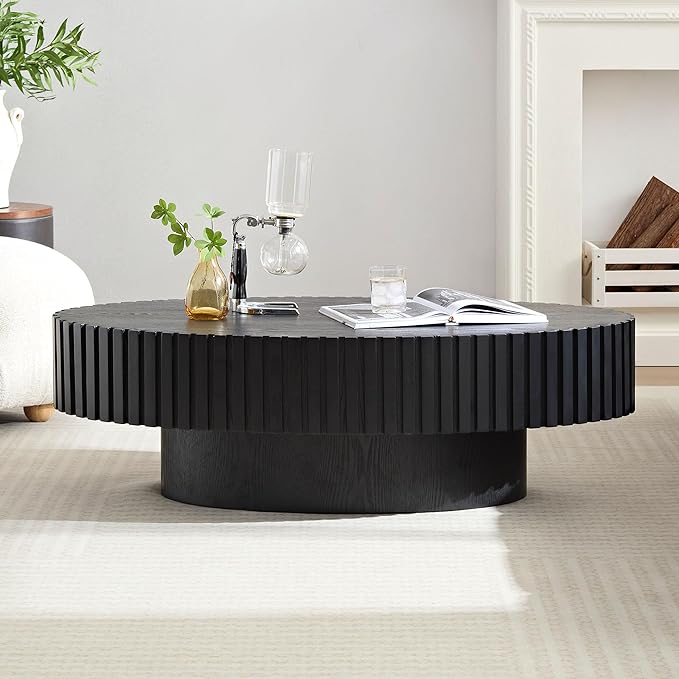 43.31'' Round Coffee Table for Living Room,Modern Handcraft Drum Coffee Table Wood Small Coffee Table with Sturdy Pedestal,Black