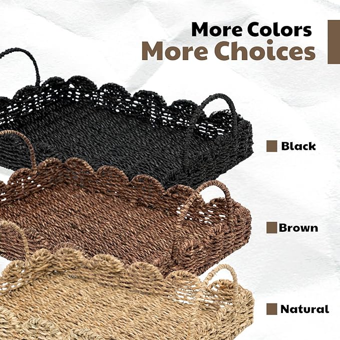 14" Handmade Wicker Tray with Scalloped Edge, Seagrass Basket with Handles, Decorative Boho Accent for Coffee Table or Ottoman, Holiday Serving