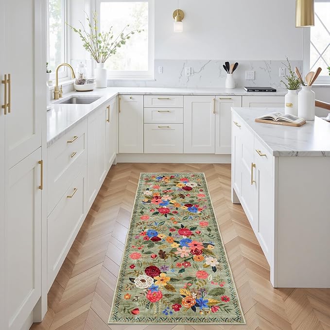 Rug for Hallways Kitchen Rug 2x6 Green, Non Slip Washable Rugs with Rubber Backing Soft Floral Carpet Runner for Hallways, Kitchen, Laundry, Bedroom, Bathroom (2 x 6, Green Lawn)