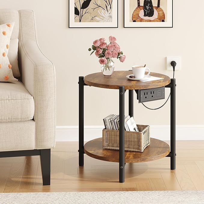 LIKIMIO 15.8" W Small Round Side Table with Charging Station, 2-Tier End Table with Lower Shelf, Wooden Nightstand for Small Spaces, Living Room, Bedroom, Rustic Brown