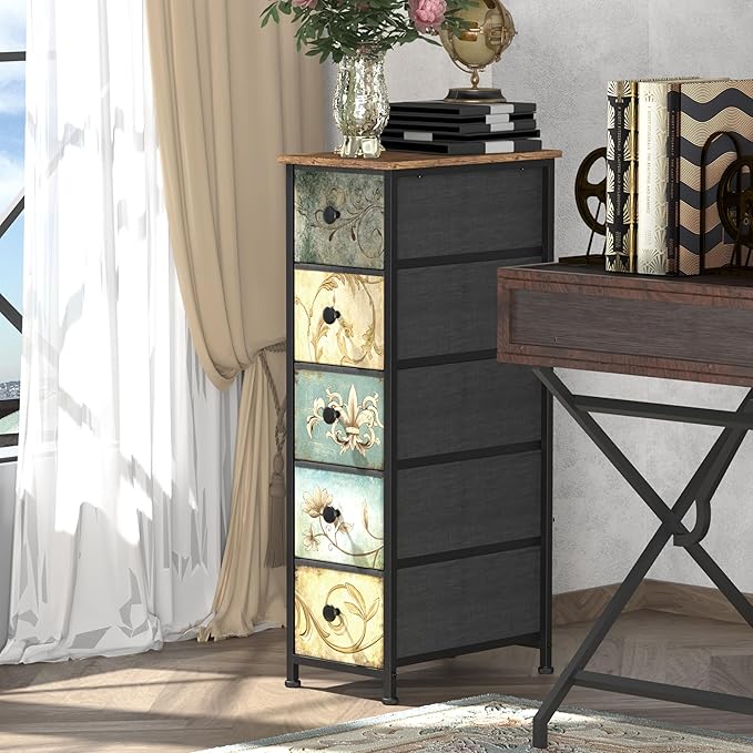 Tohomeor Narrow Storage Dresser Slim Dresser with Retro Flowers Fabric Drawers Vertical Skinny Cabinet for Small Spaces,Bathroom,Bedroom Closet Nightstand,Entryway Organizer (Retro Flower, 5 Drawers)