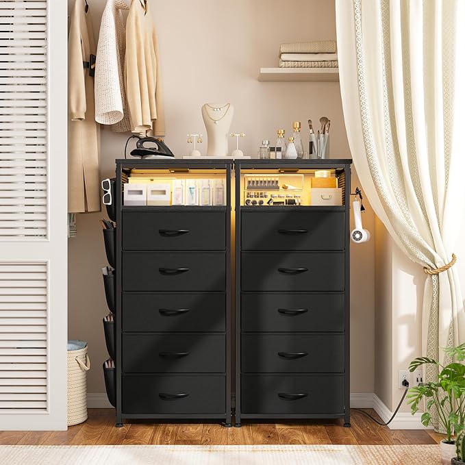 EnHomee Tall Night Stand Set 2 with 5 Drawers, LED Nightstand with Ports & Outlets, Bedside Table with Extra Side Bag & Storage Shelf & Hooks, Bedroom, Dorm, Closet