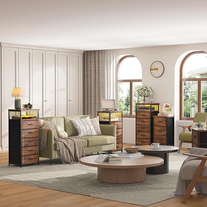 EnHomee Tall Night Stand Set 2 with 5 Drawers, LED Nightstand with Ports & Outlets, Bedside Table with Extra Side Bag & Storage Shelf & Hooks, Bedroom, Dorm, Closet