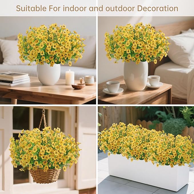 12 Bundles Artificial Flowers for Outdoors Indoor Fall Flowers Home Decoration, Fake Mums Silk Yellow Flower Plant for Outside, Realistic Plastic Flower UV Resistant Faux Mums for Garden Autumn Decor