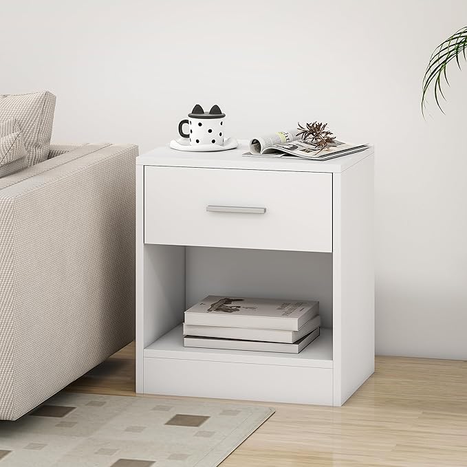 HOMCOM Modern Side Table, Accent Table with Drawer and Storage Shelf, End Table for Living Room, White Wood Grain
