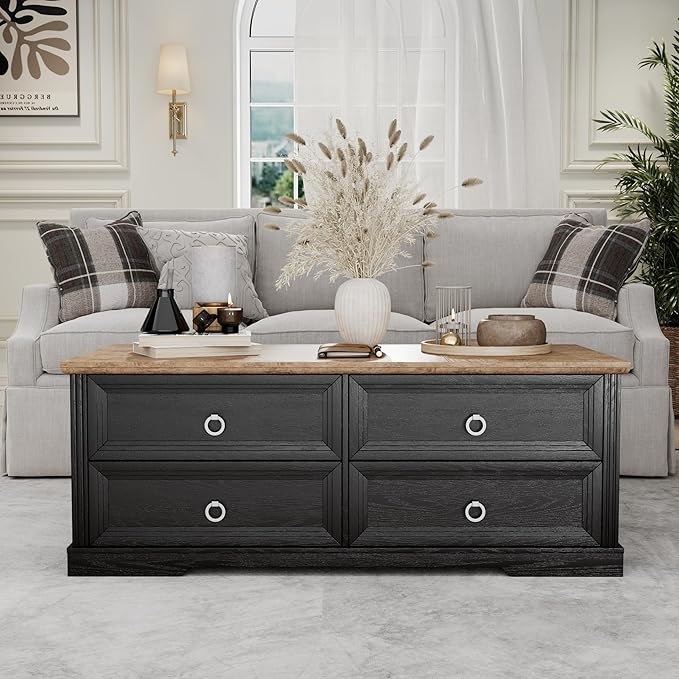 Rustic Coffee Table with Drawers 47 inch Living Room Tables with Storage, Wooden Center Table for Reading Playing Room Home Accent Table for Dining Room Apartment, Dark Oak Black