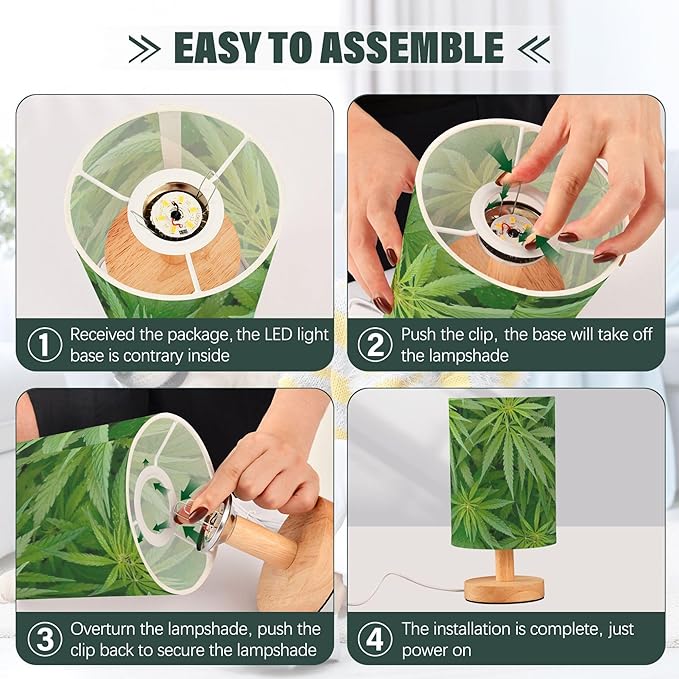 Table Lamp Green Marijuana Leaf Cannabis Weed Plant Leaves Nightstand Lamp with Wood Base Fabric Lamp Shade Bedside Desk Lamp for Living Room Bedroom Kids Room Office