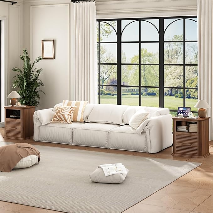 22'' Fluted Nightstand with Charging Station Set of 2, Modern End Table with 2 Drawers and Open Storage, Wood Night Stand with Round Corner, Side Table for Bedroom, Living Room, Curved Profile,Walnut